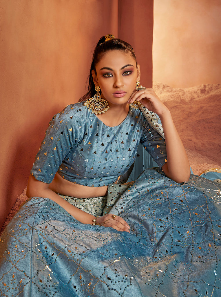 Women's Dusty Sky Velvet Sequince Embroidered Lehenga Set