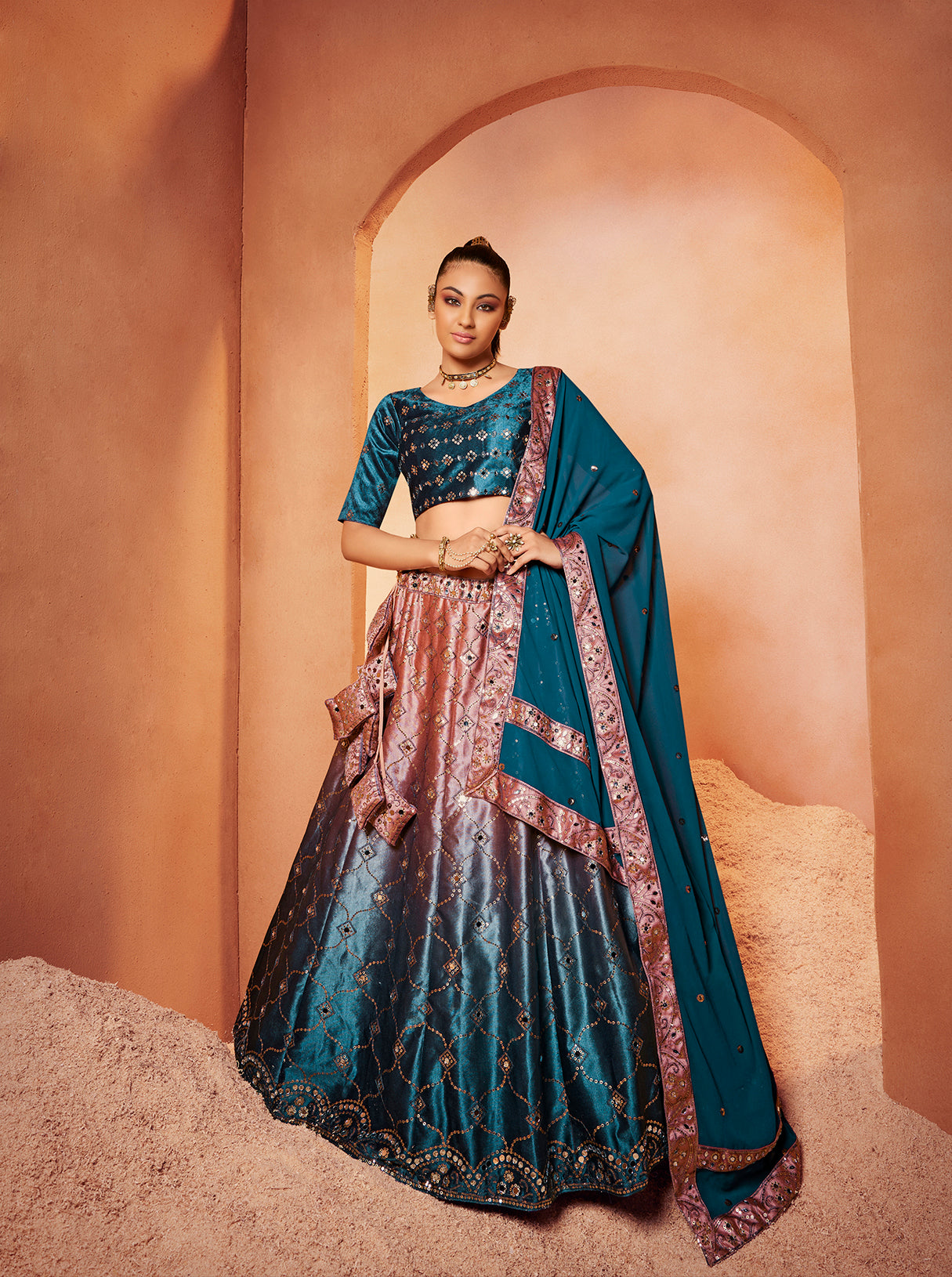 Women's Teal Blue Velvet Sequince Embroidered Lehenga Set - Shubhkala