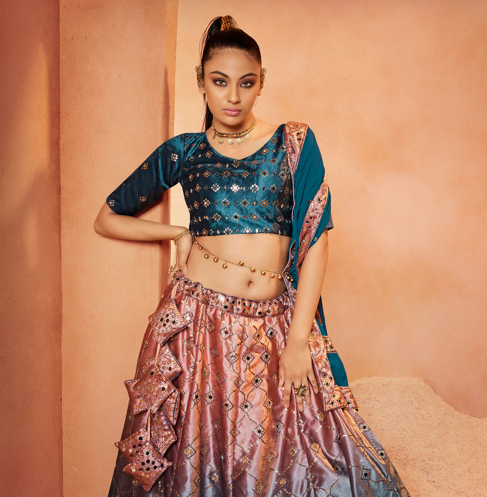 Women's Teal Blue Velvet Sequince Embroidered Lehenga Set