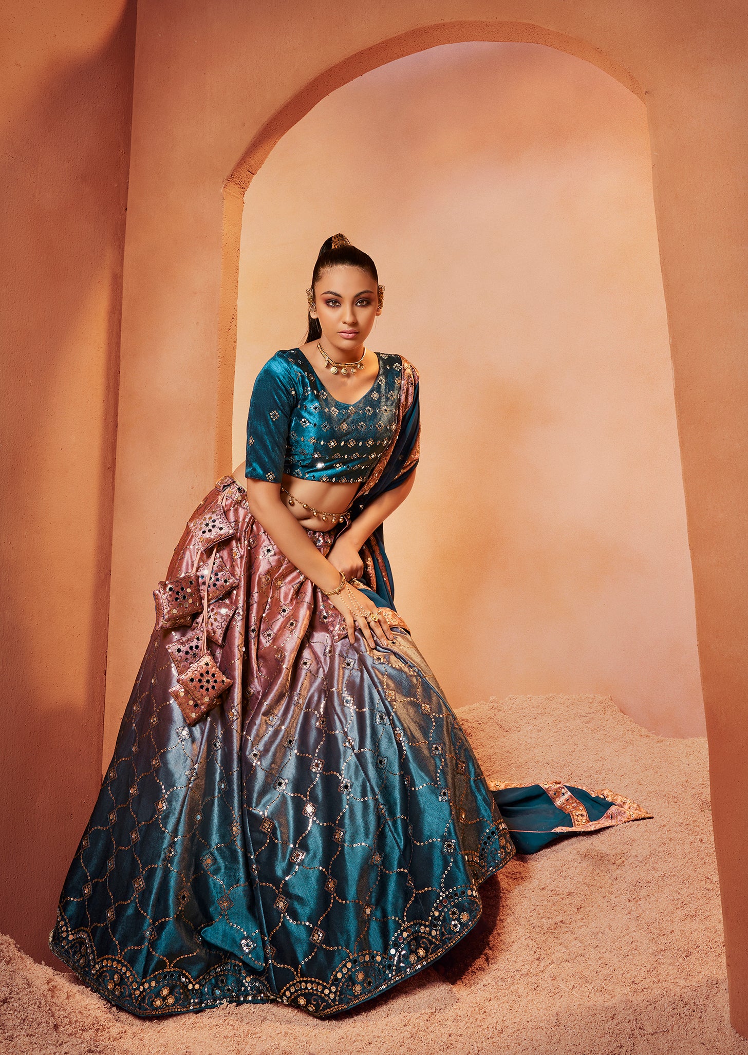 Women's Teal Blue Velvet Sequince Embroidered Lehenga Set - Shubhkala