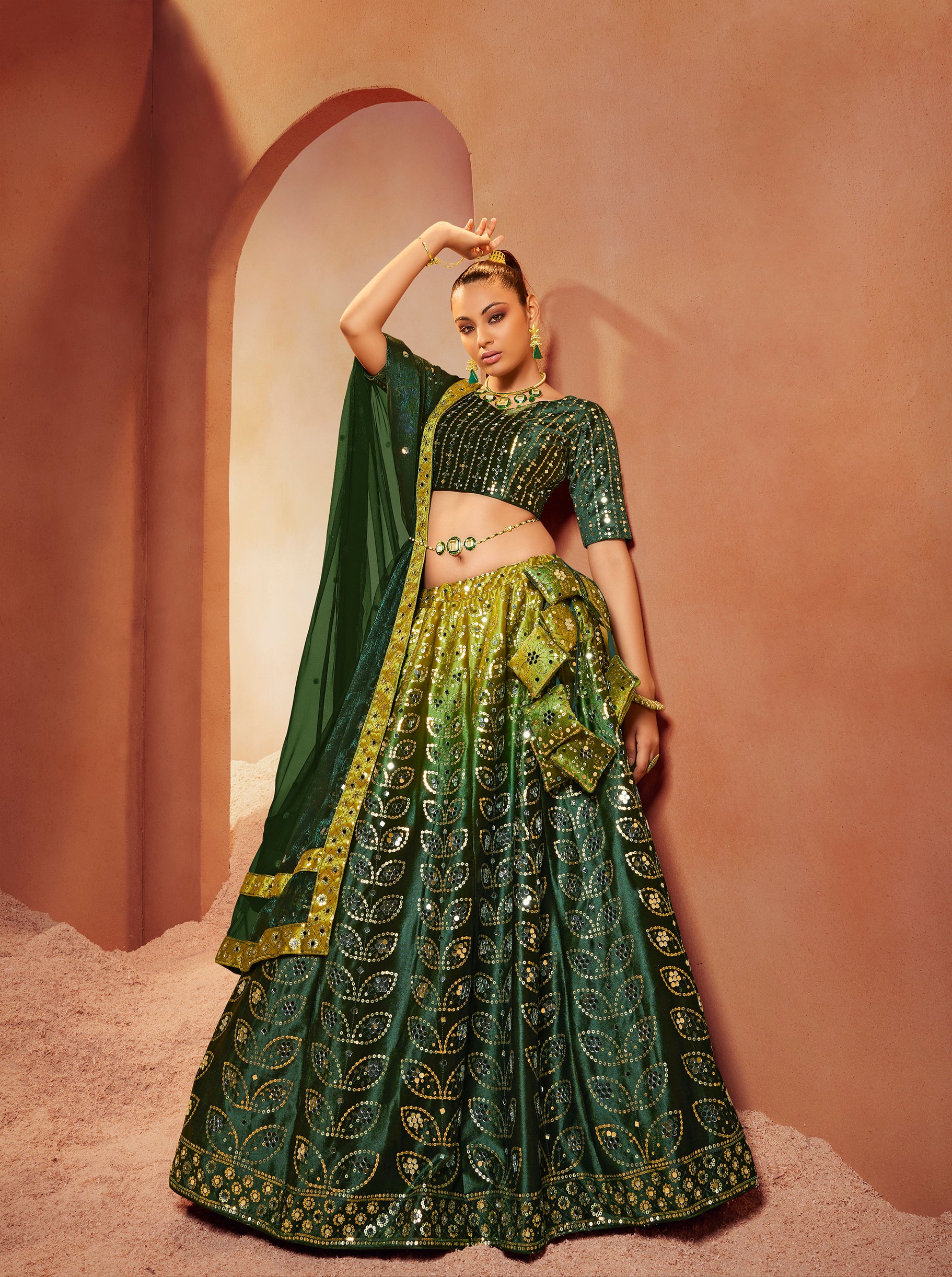 Women's Green Velvet Sequince Embroidered Lehenga Set - Shubhkala