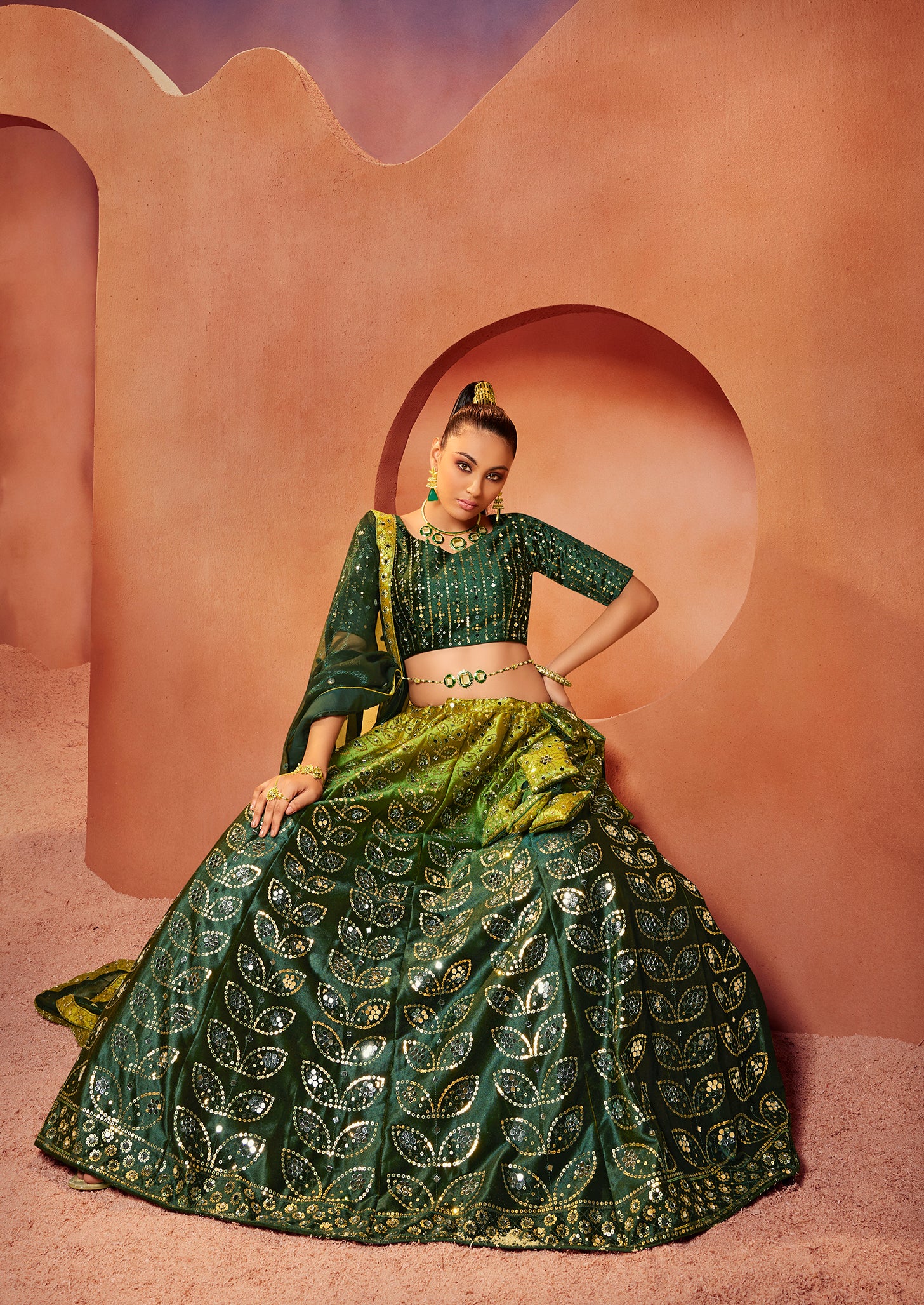 Women's Green Velvet Sequince Embroidered Lehenga Set - Shubhkala