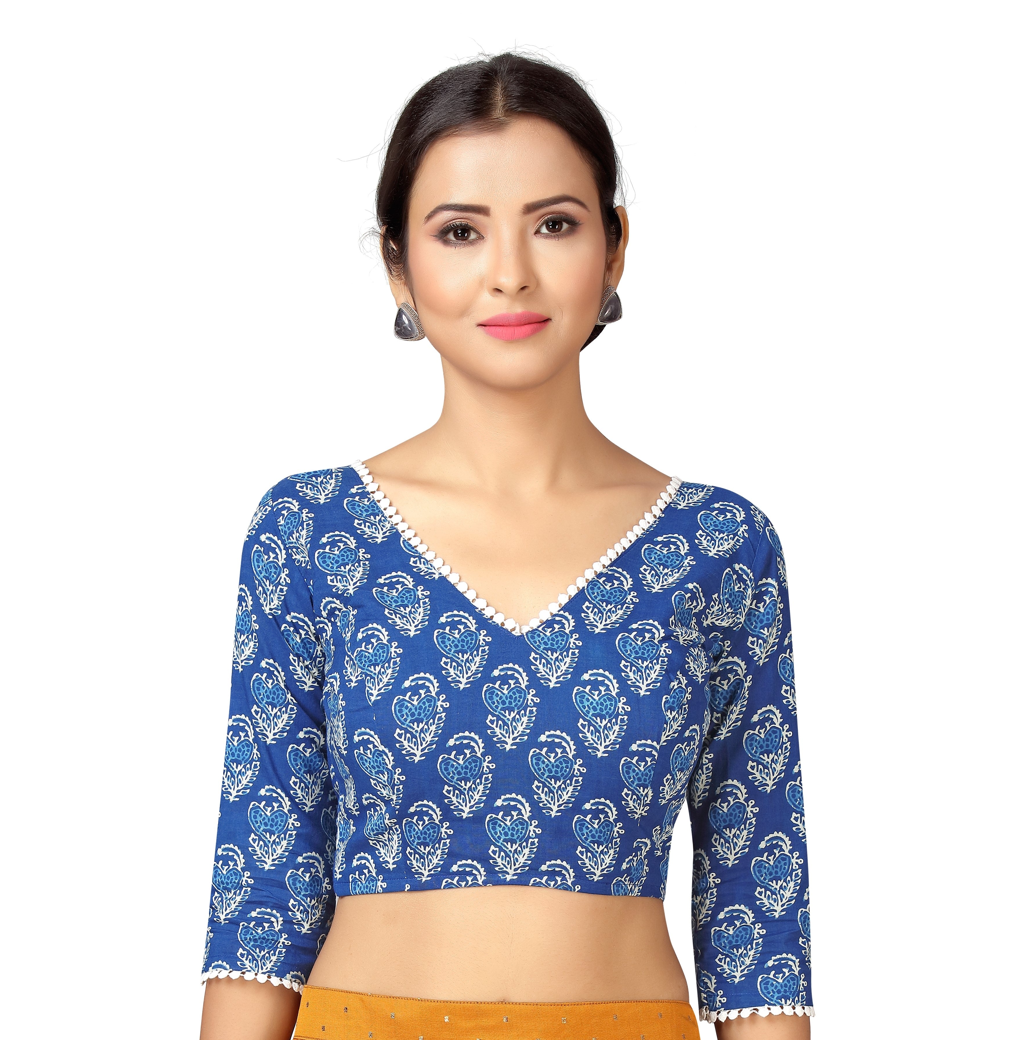 Women's Readymade Indigo Blue Cotton Block Printed 3/4 Sleeves Saree Blouse - Shringaar