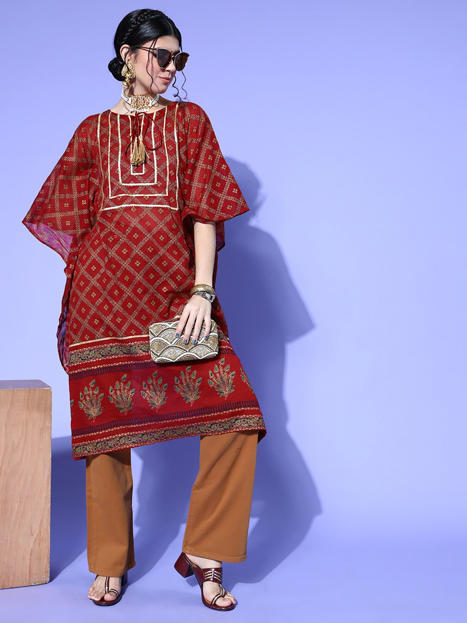 Women's Maroon Cotton Kurta - Taantav