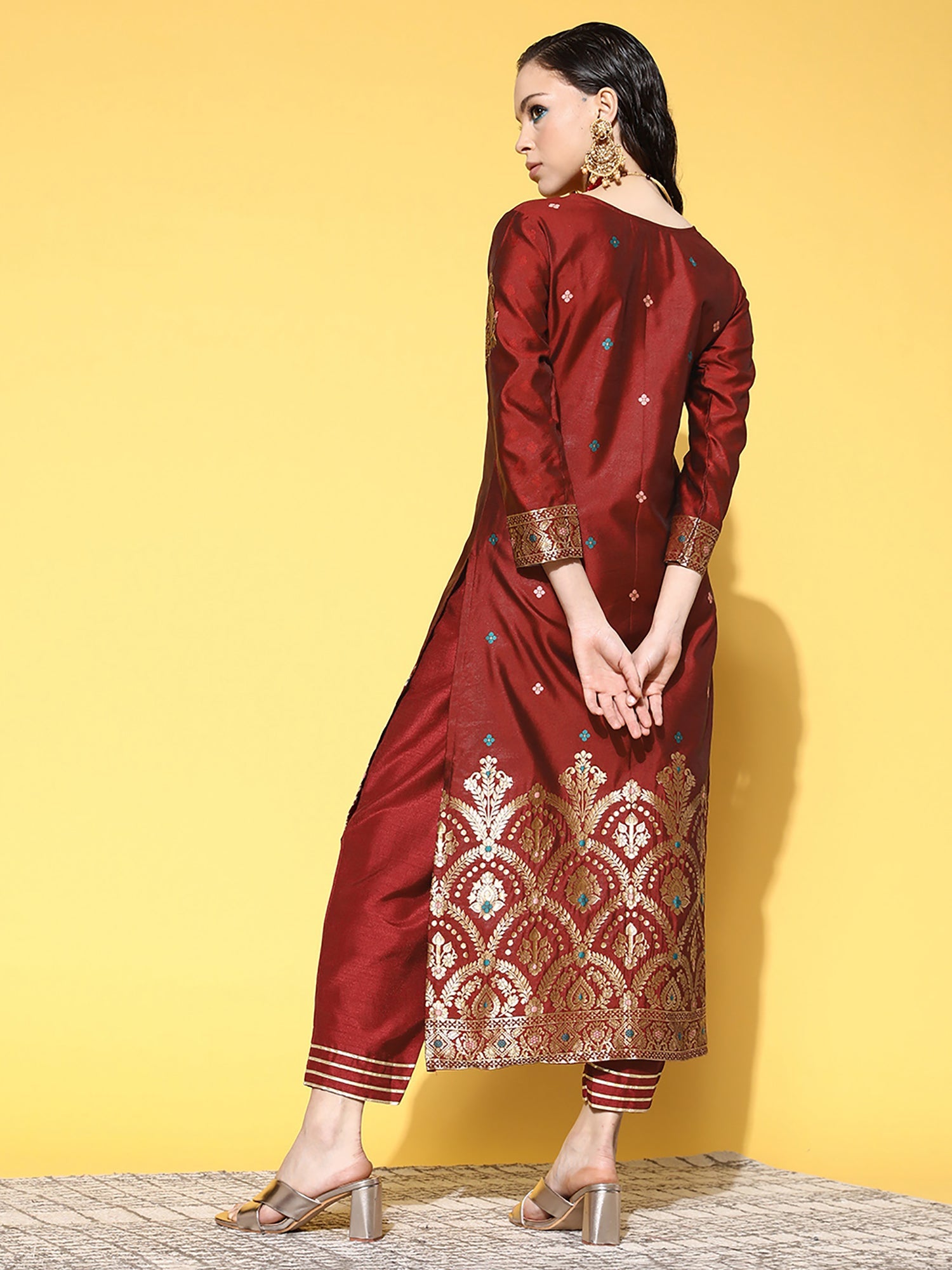 Women's Maroon Polyester Kurta Set - Taantav