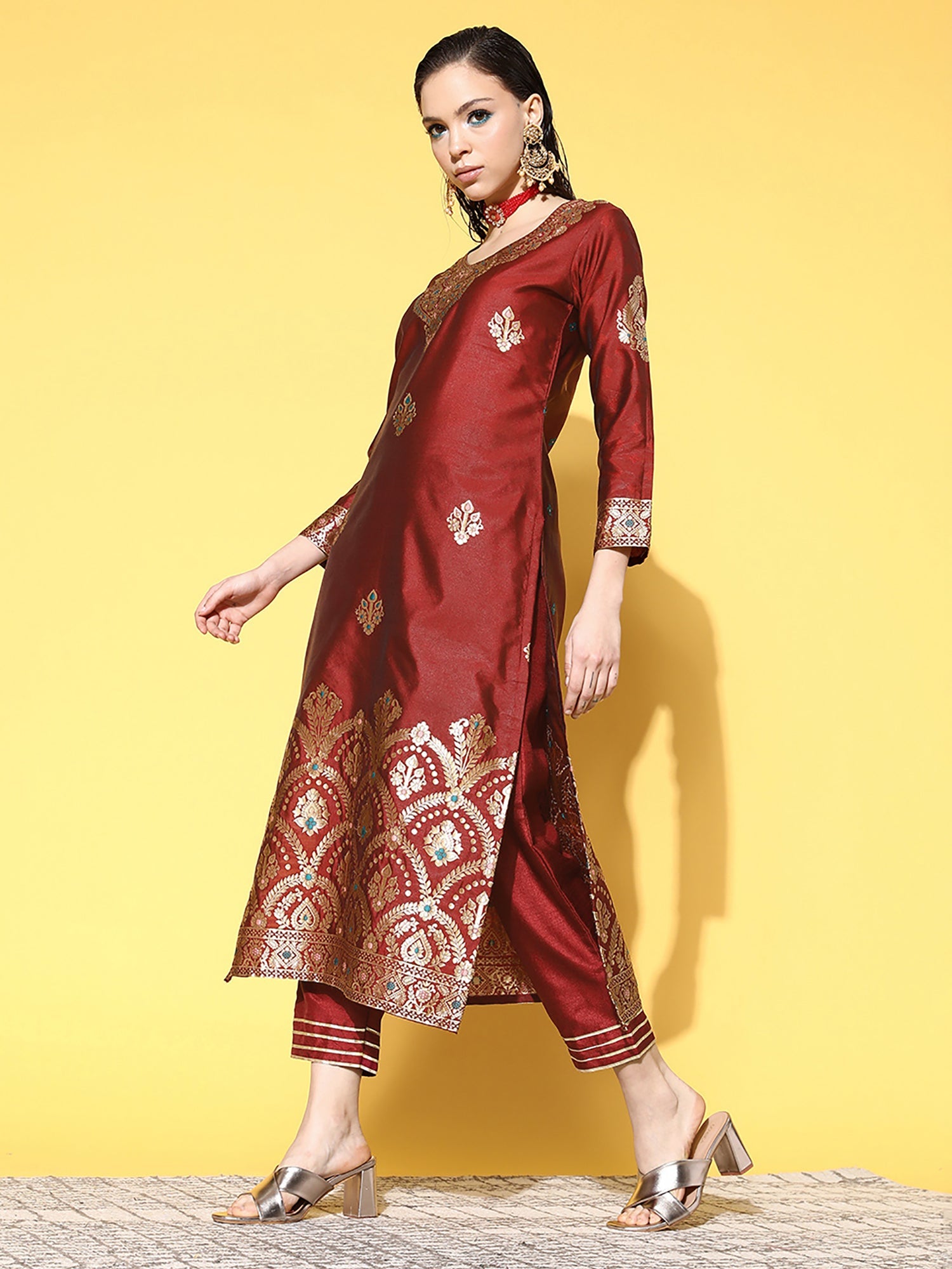 Women's Maroon Polyester Kurta Set - Taantav