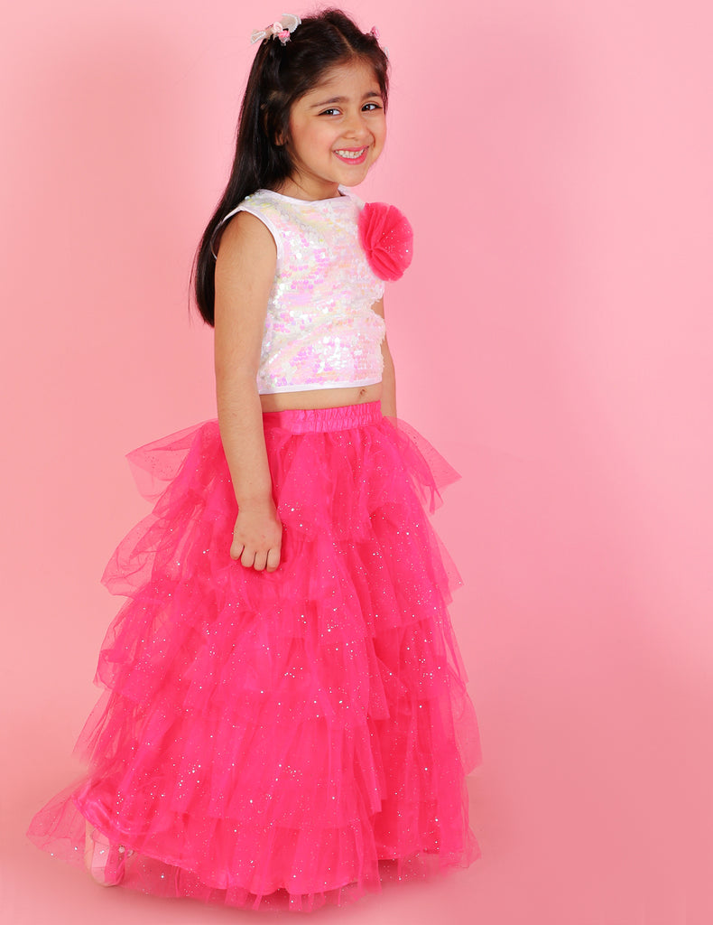 Girl's Sequins Top With Floral Corsage & Glitter Mesh Layered Skirt-Pink