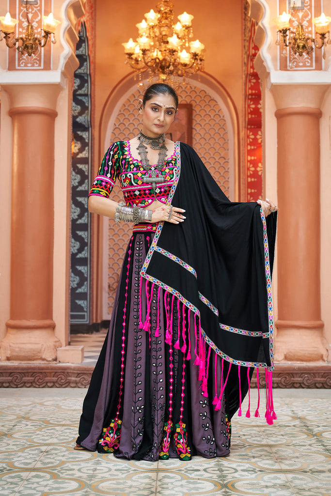Women's Black Viscose Rayon Thread Embroidered Lehenga Set