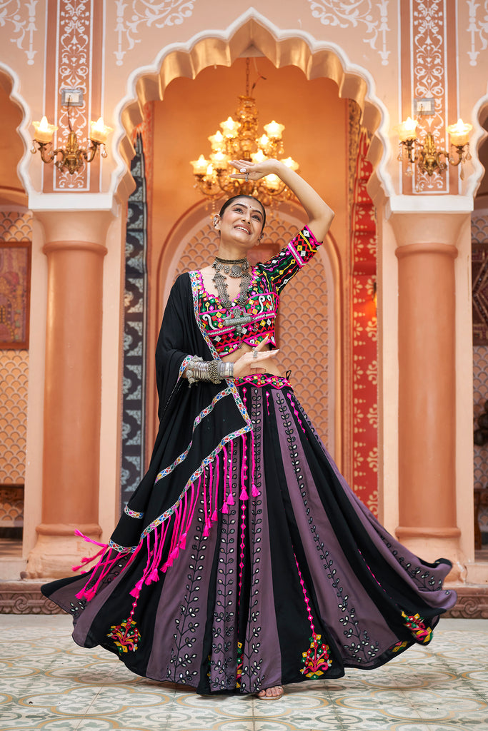 Women's Black Viscose Rayon Thread Embroidered Lehenga Set