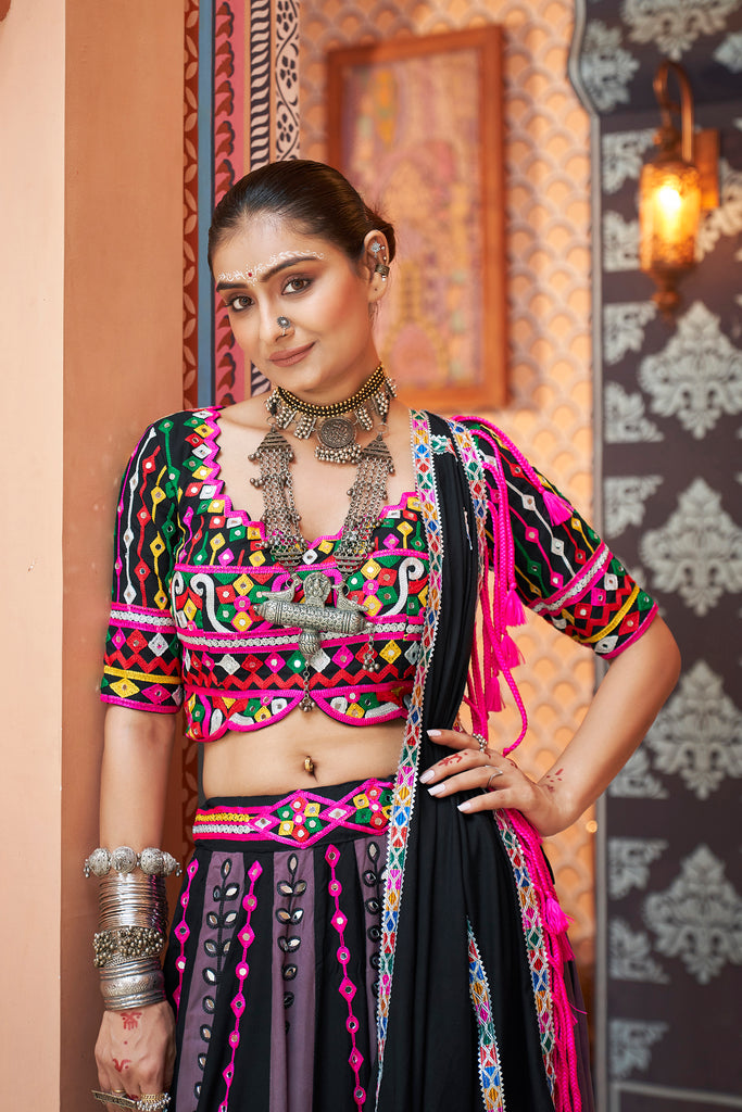 Women's Black Viscose Rayon Thread Embroidered Lehenga Set