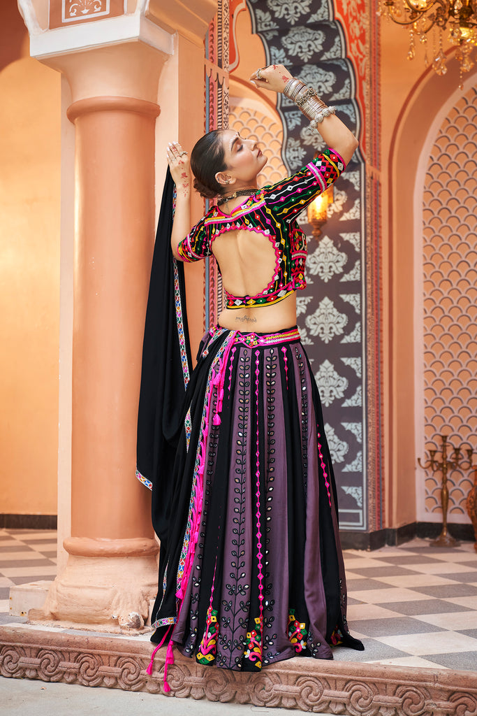 Women's Black Viscose Rayon Thread Embroidered Lehenga Set