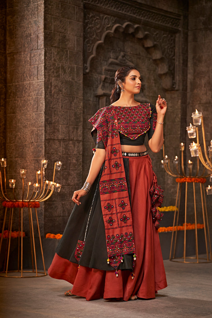 Women's Orange Cotton Thread Embroidered Lehenga Set