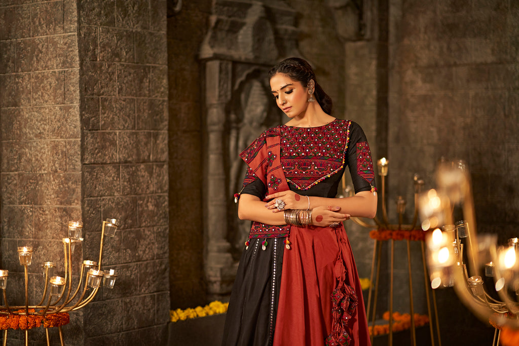 Women's Orange Cotton Thread Embroidered Lehenga Set