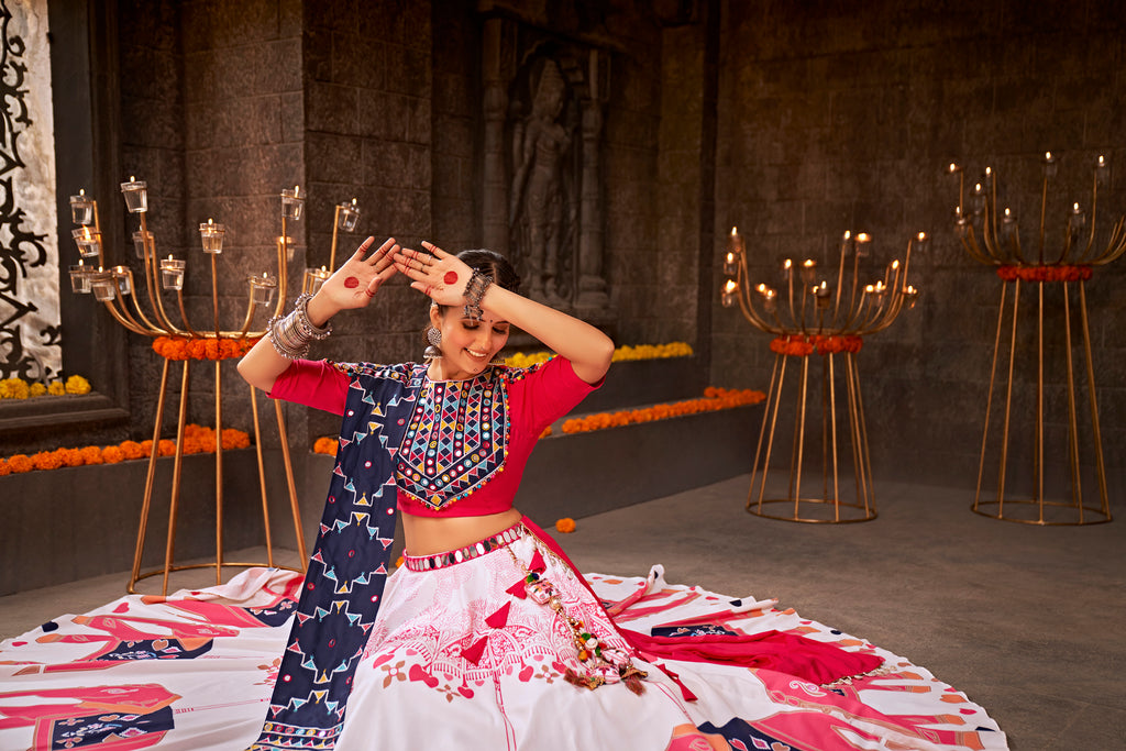 Women's White Rayon Printed Lehenga Set