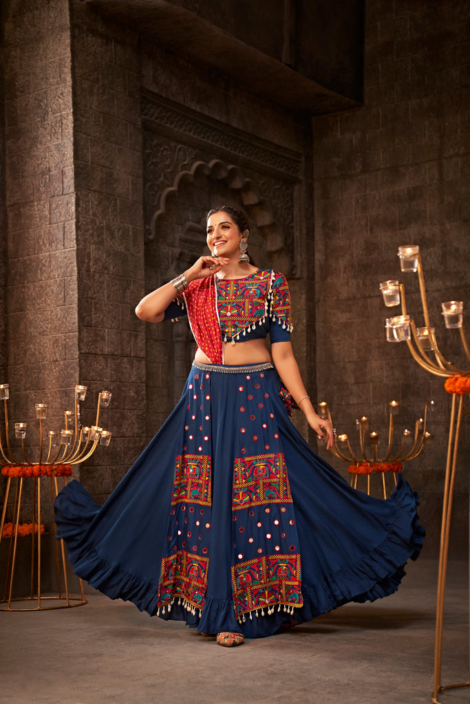 Women's Blue Viscose Rayon Thread Embroidered Lehenga Set
