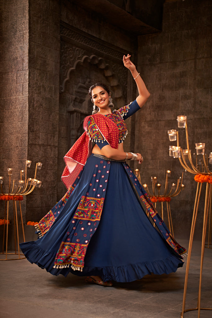 Women's Blue Viscose Rayon Thread Embroidered Lehenga Set