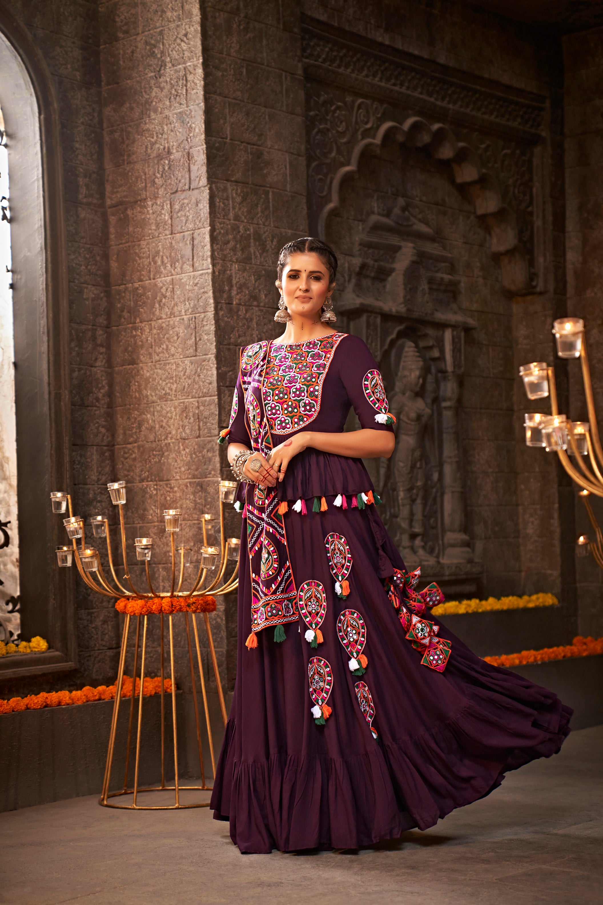 Women's Purple Viscose Rayon Thread Embroidered Lehenga Set - Shubhkala