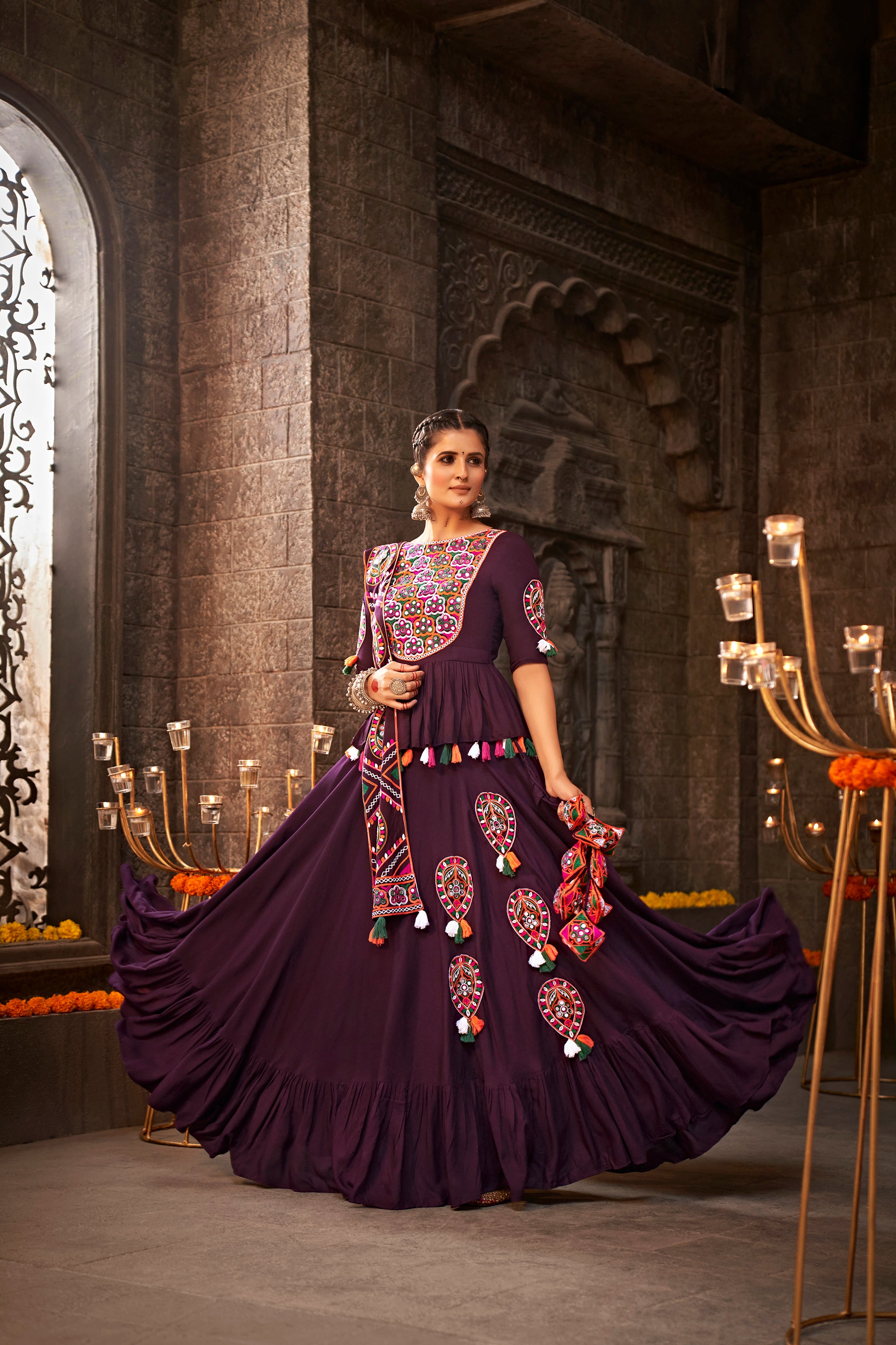 Women's Purple Viscose Rayon Thread Embroidered Lehenga Set - Shubhkala