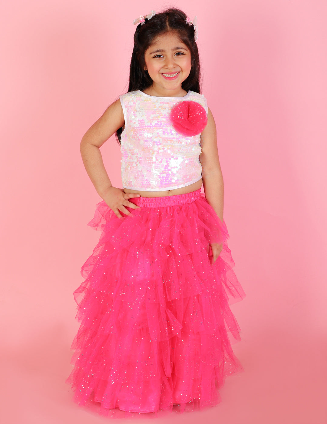 Girl's Sequins Top With Floral Corsage & Glitter Mesh Layered Skirt-Pink - Lil Peacock