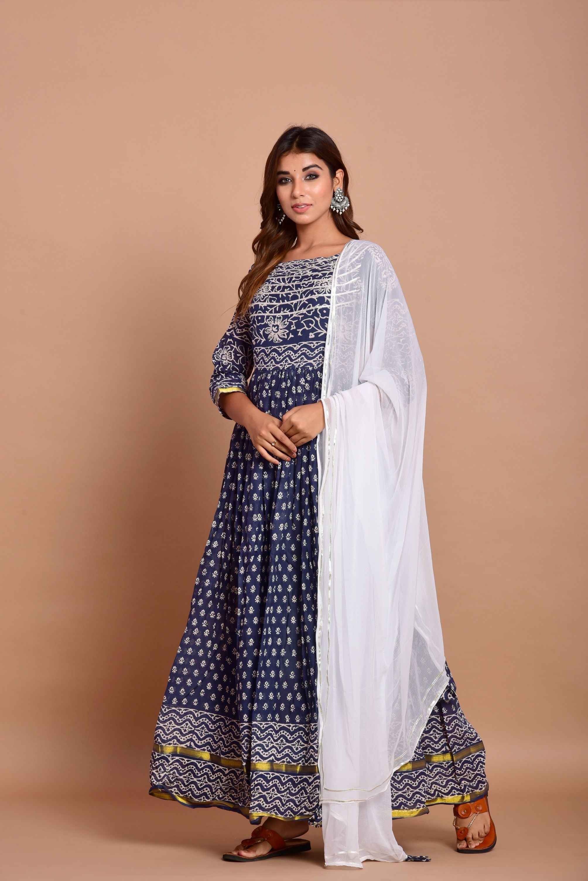 Women's Navy Blue Anarkali Dress With Dupatta- (2Pcs Set) - Saras The Label USA