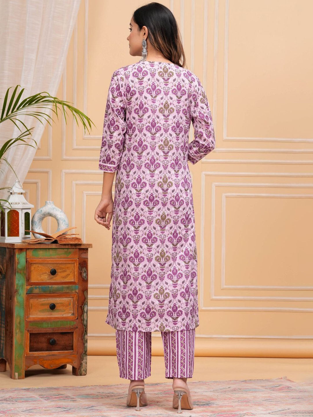 Women's Floral Printed Regular Pure Cotton Straight Kurta with Palazzos & With Dupatta - Taantav