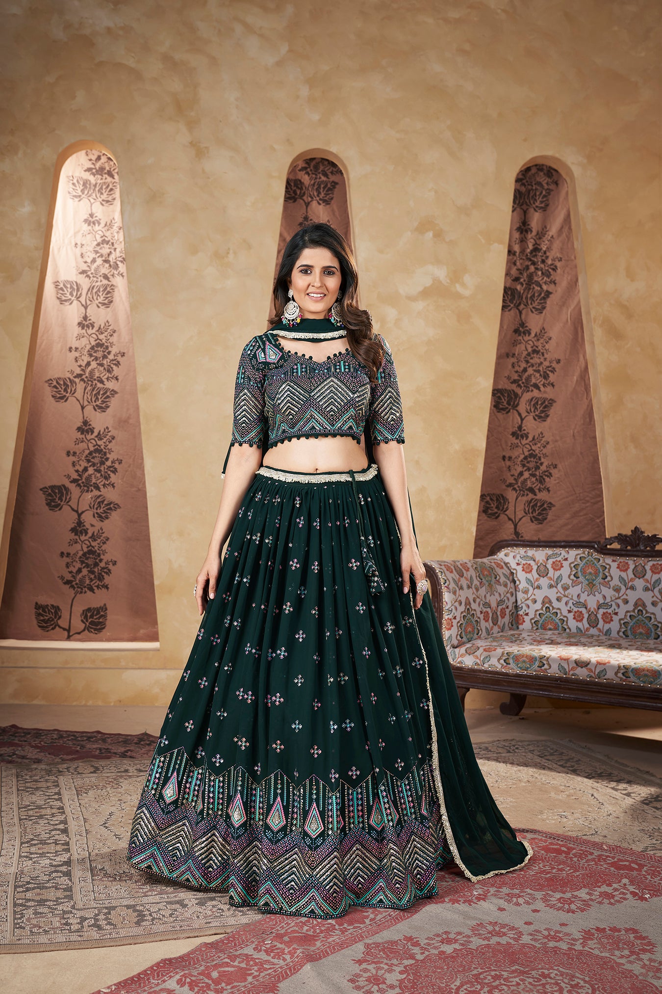 Women's Green Georgette Pigment Foil Lehenga Set - Shubhkala