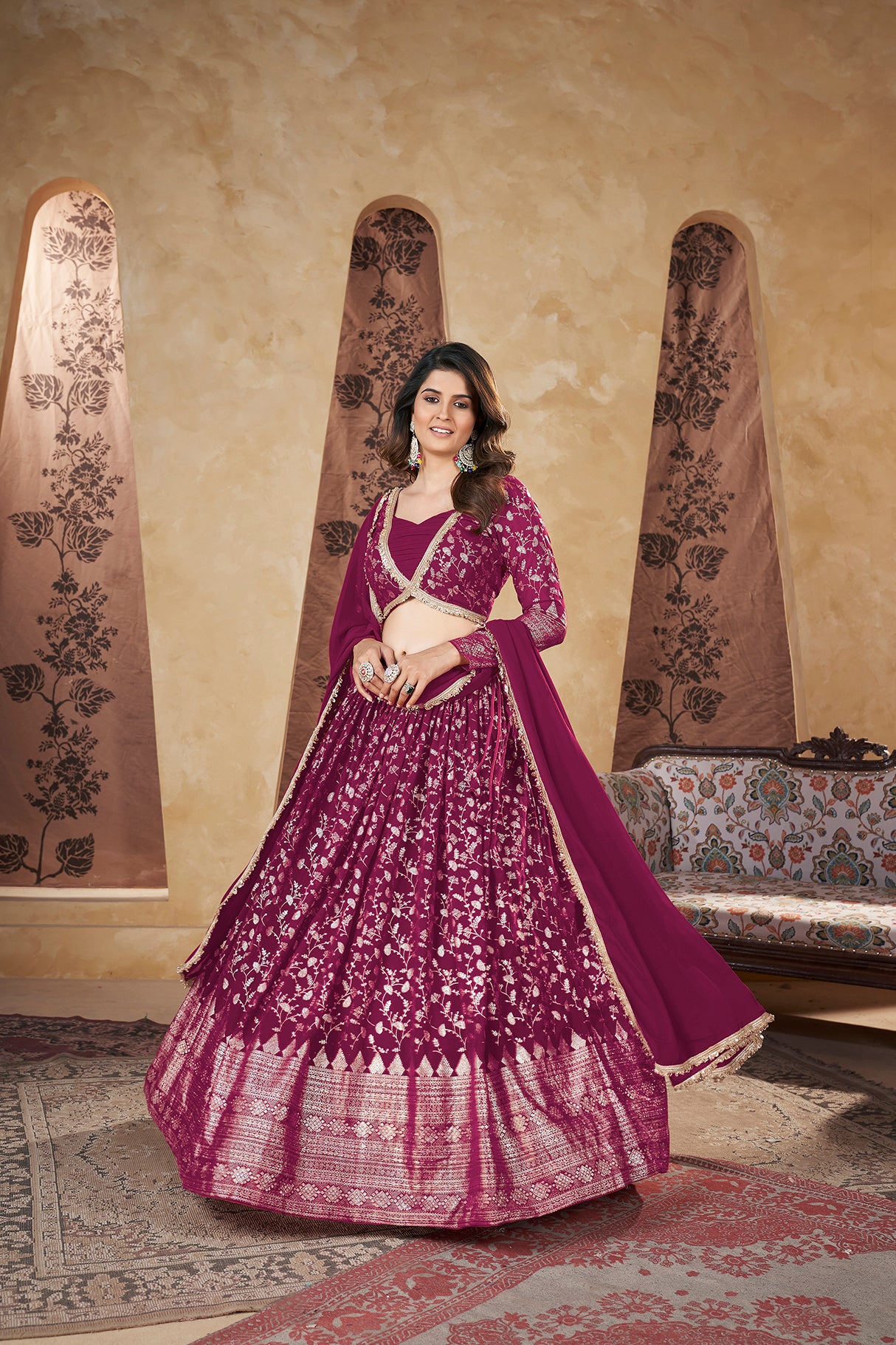 Women's Deep Pink Georgette Pigment Foil Lehenga Set - Shubhkala