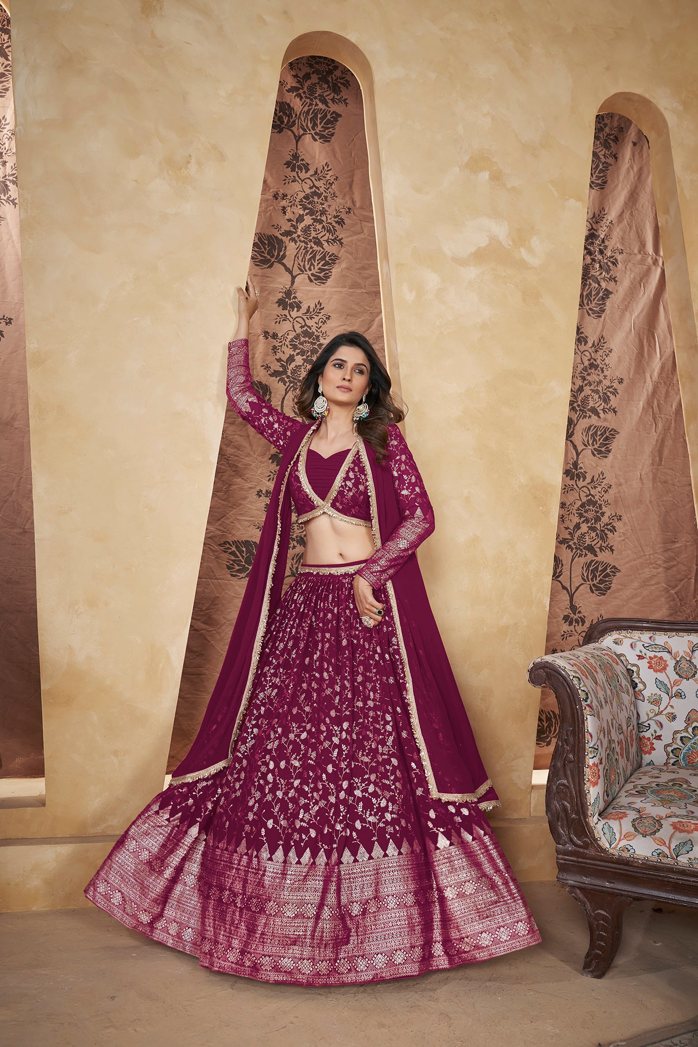 Women's Deep Pink Georgette Pigment Foil Lehenga Set - Shubhkala