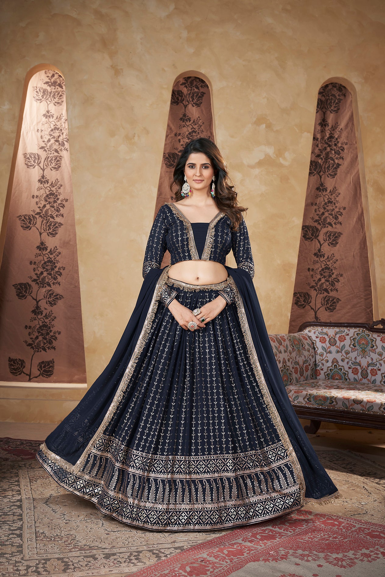 Women's Navy Georgette Pigment Foil Lehenga Set - Shubhkala