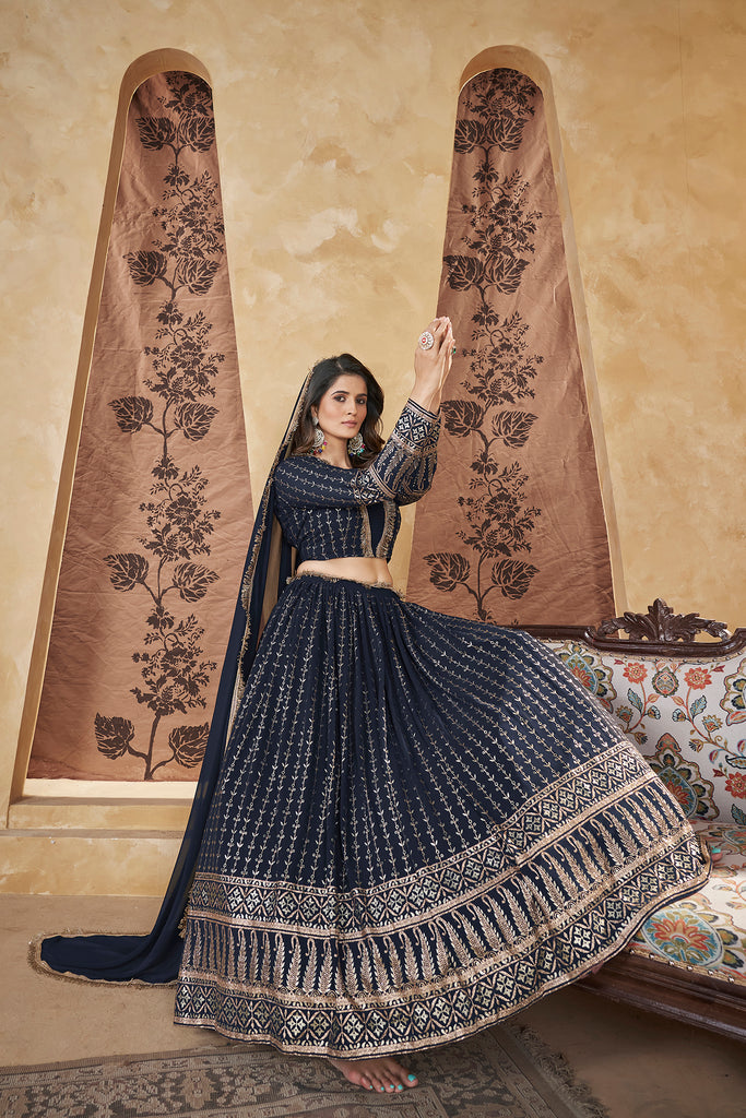 Women's Navy Georgette Pigment Foil Lehenga Set