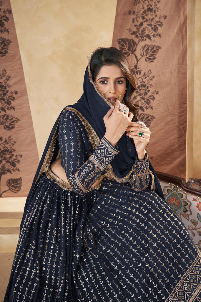 Women's Navy Georgette Pigment Foil Lehenga Set