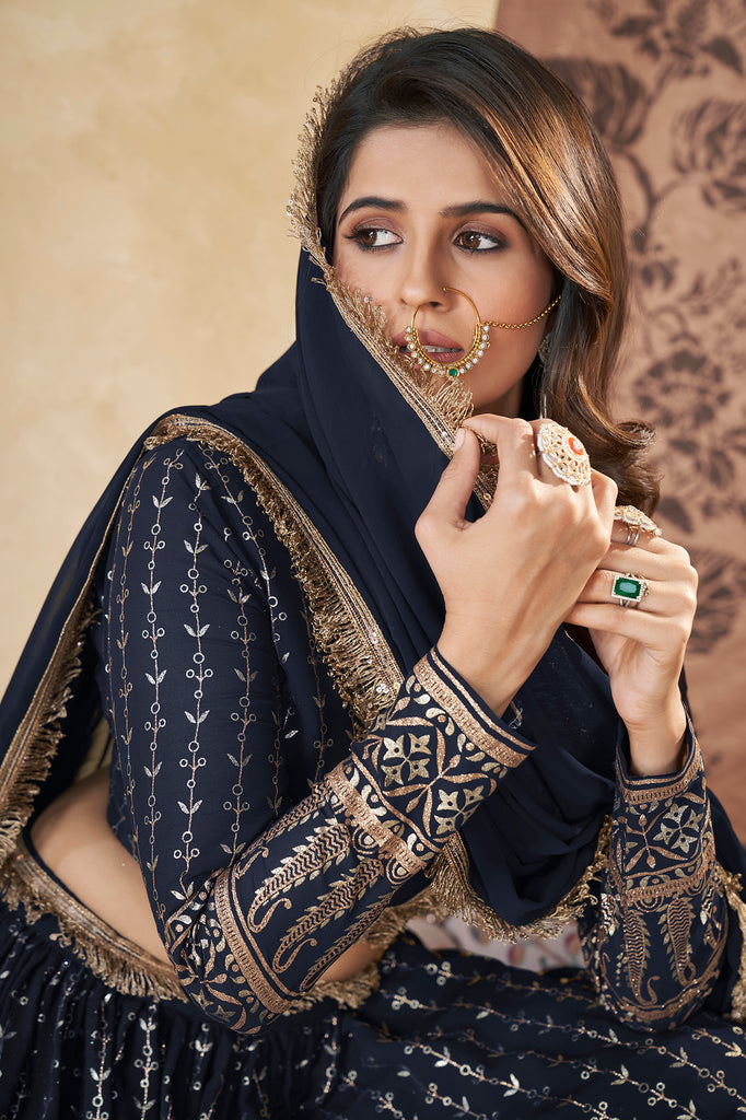 Women's Navy Georgette Pigment Foil Lehenga Set