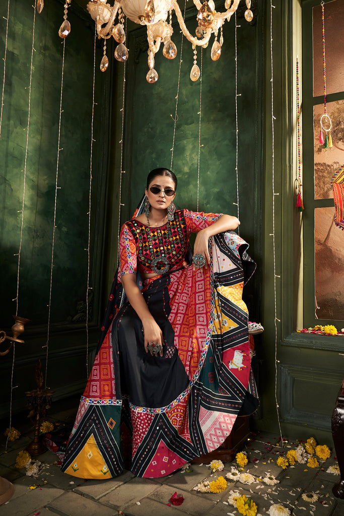 Women's Black Maslin Cotton Printed Lehenga Set