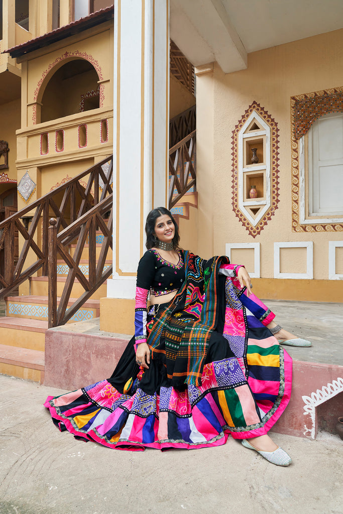 Women's Black Viscose Rayon Printed Lehenga Set