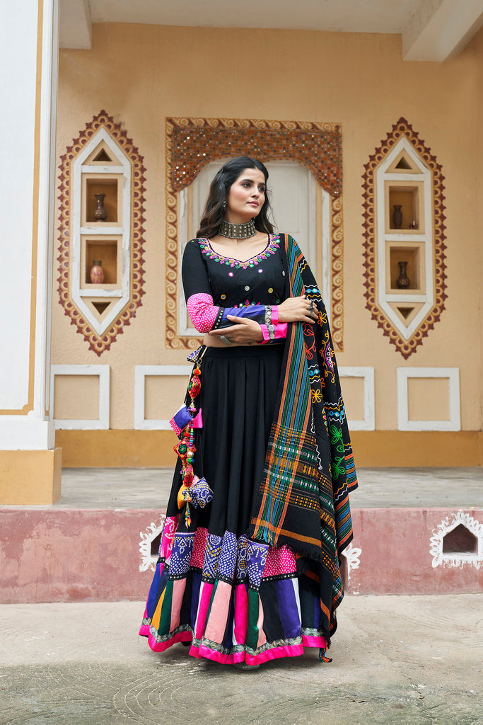 Women's Black Viscose Rayon Printed Lehenga Set