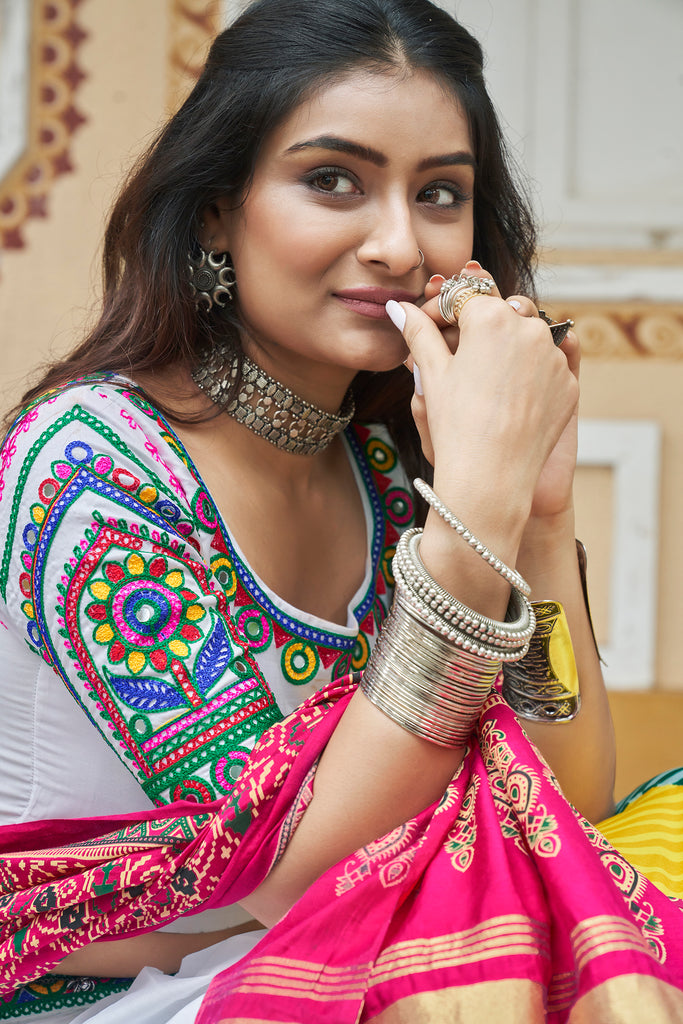 Women's White Maslin Cotton Print With Embroidery Lehenga Set