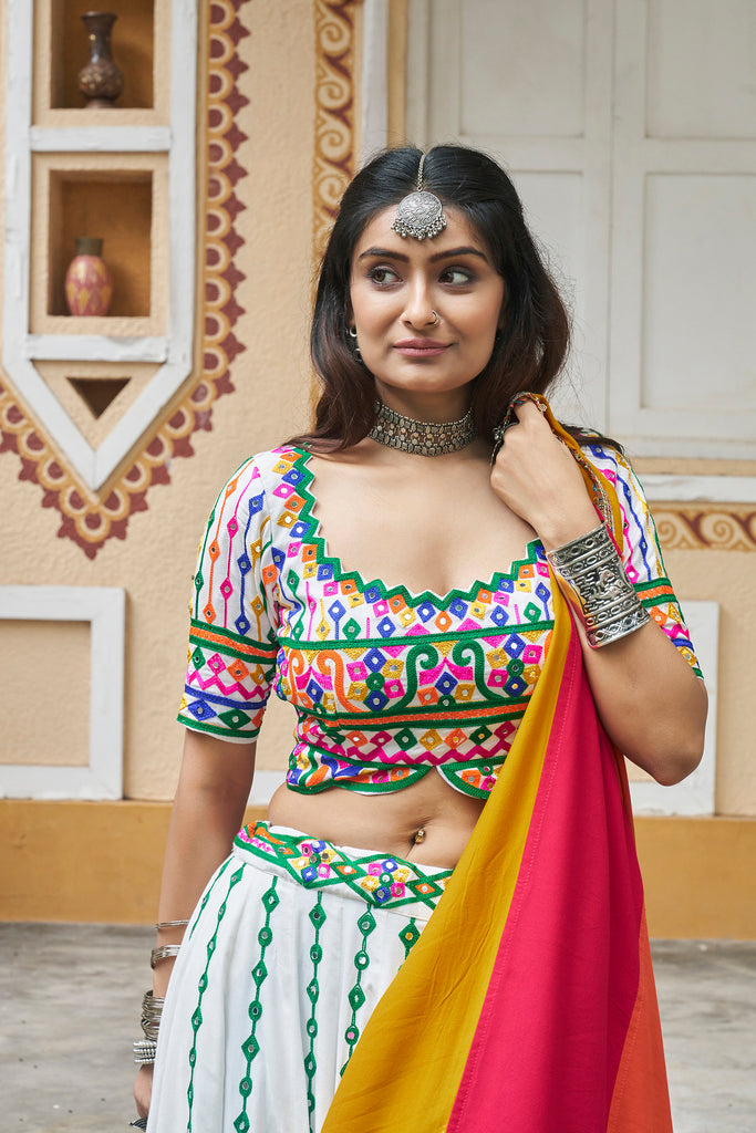 Women's White Viscose Rayon Embroidery Lehenga Set