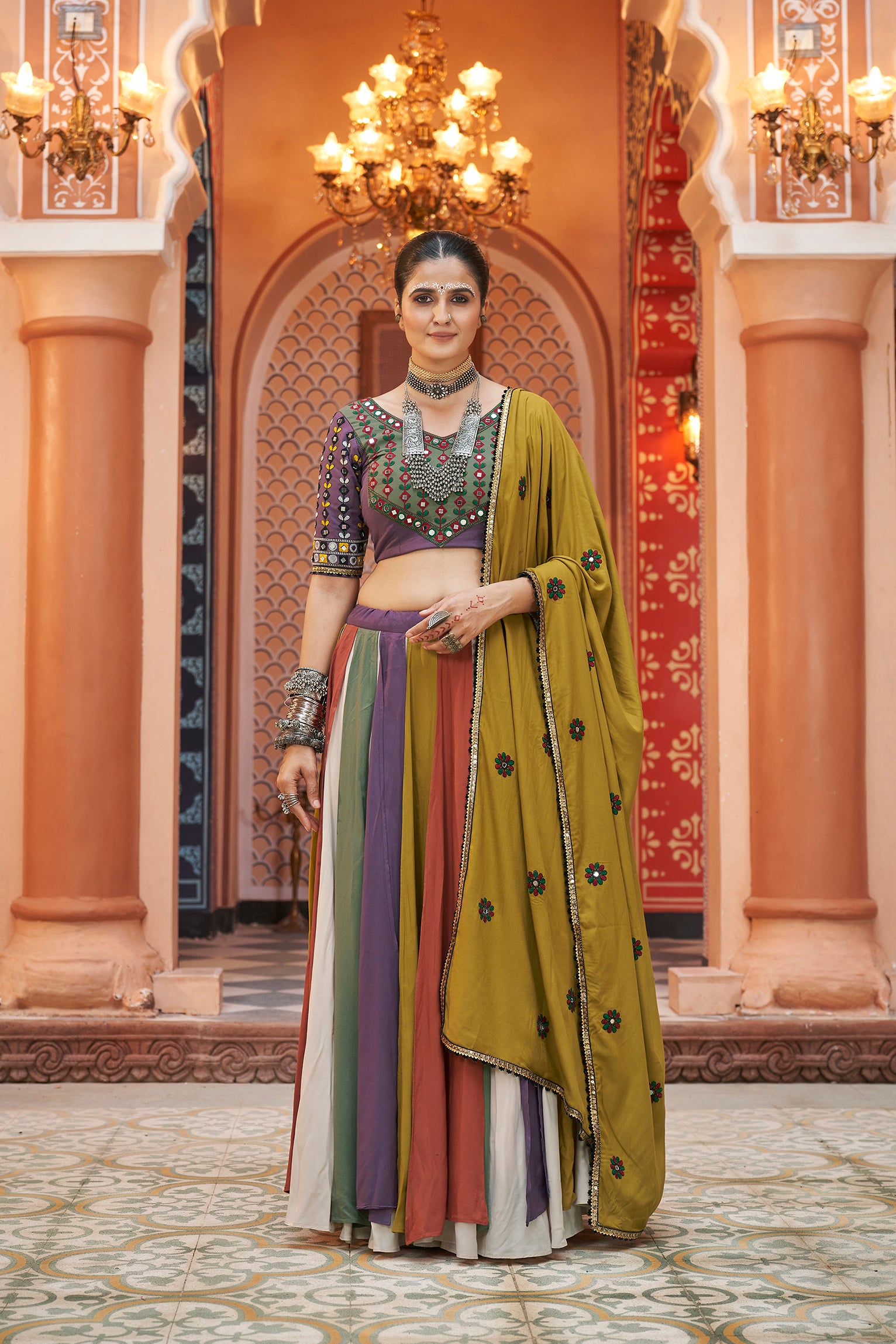 Women's Multi Color Viscose Rayon Lehenga Set - Shubhkala