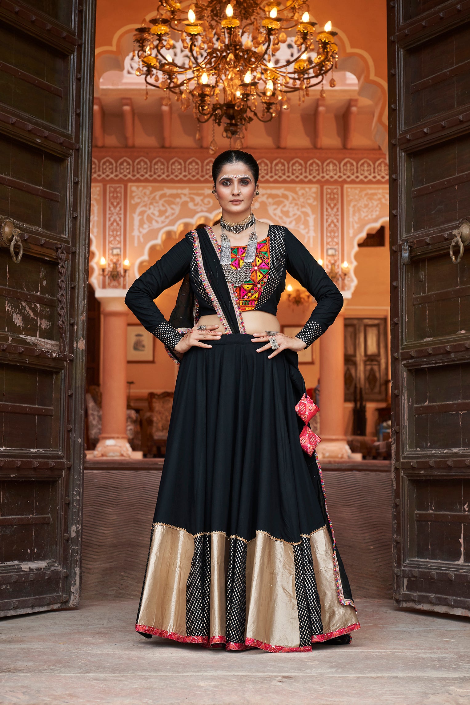 Women's Black Viscose Rayon Foil Lehenga Set - Shubhkala