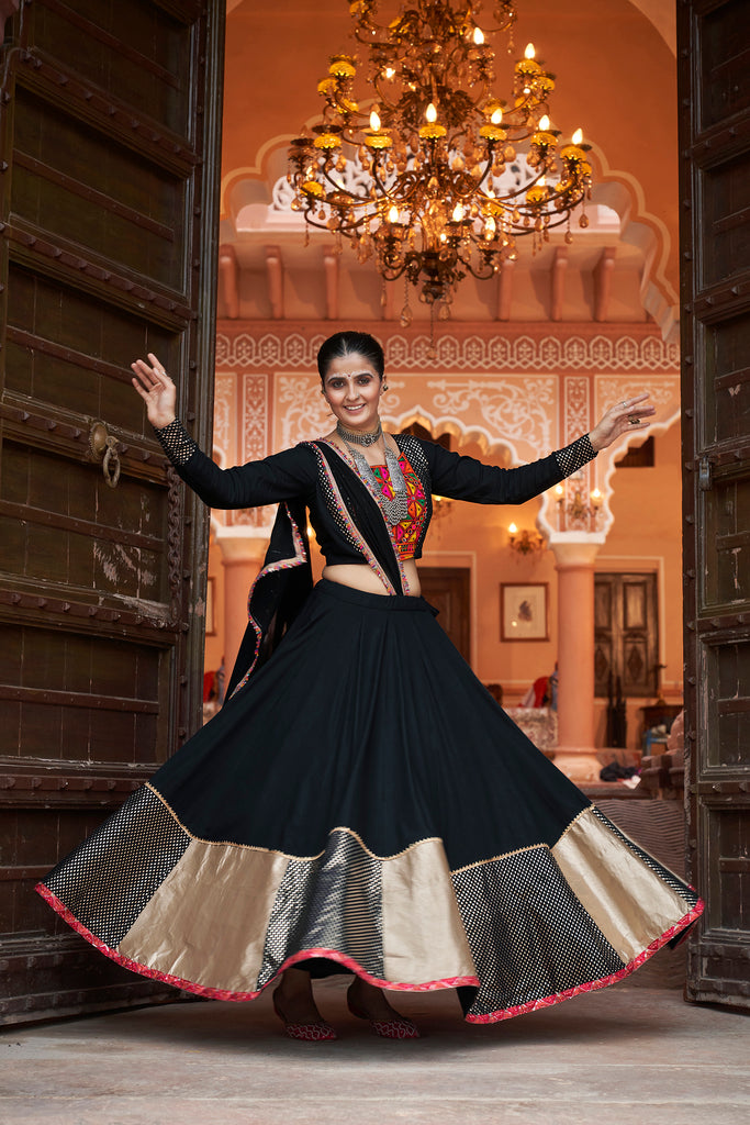 Women's Black Viscose Rayon Foil Lehenga Set