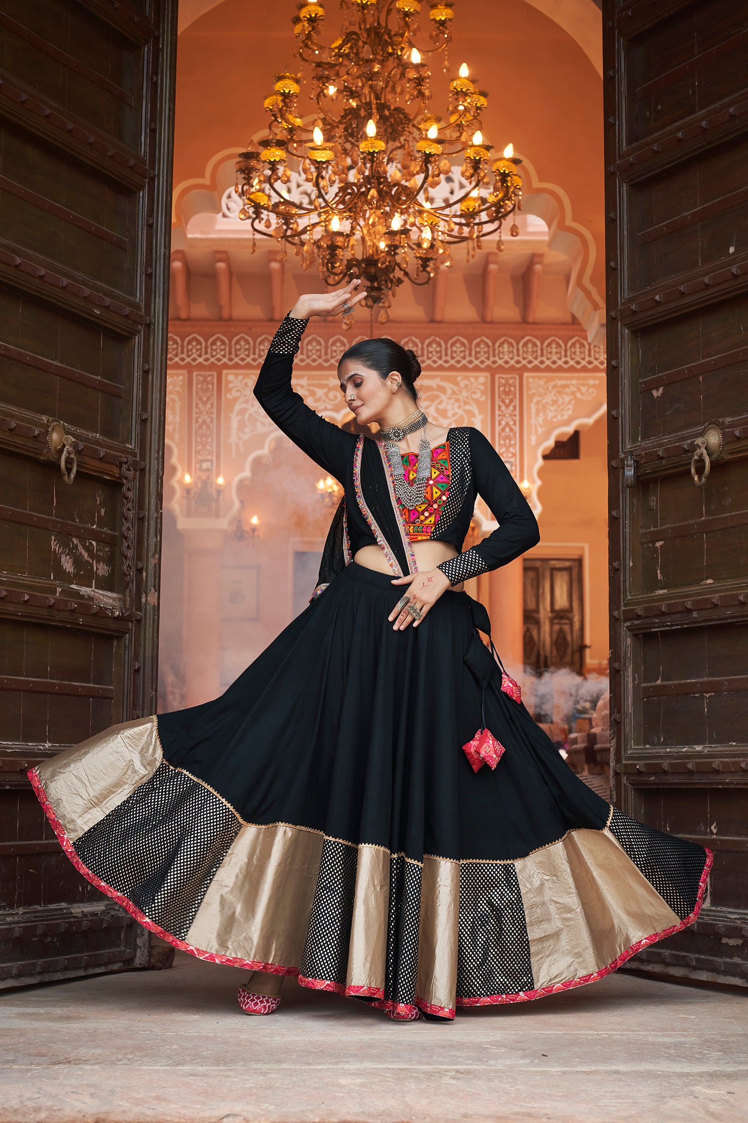 Women's Black Viscose Rayon Foil Lehenga Set - Shubhkala