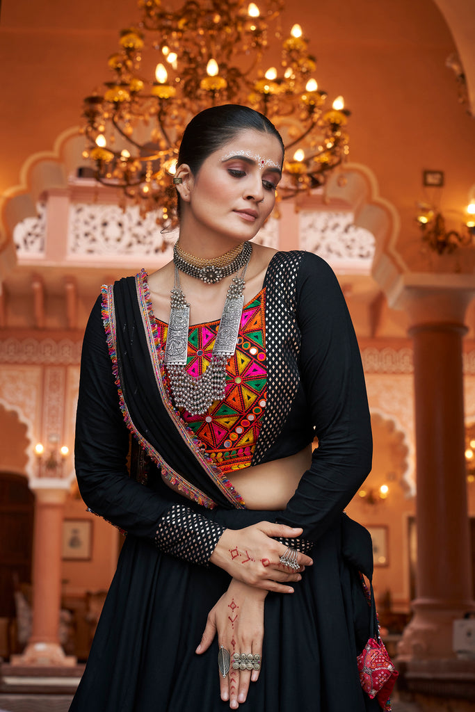 Women's Black Viscose Rayon Foil Lehenga Set