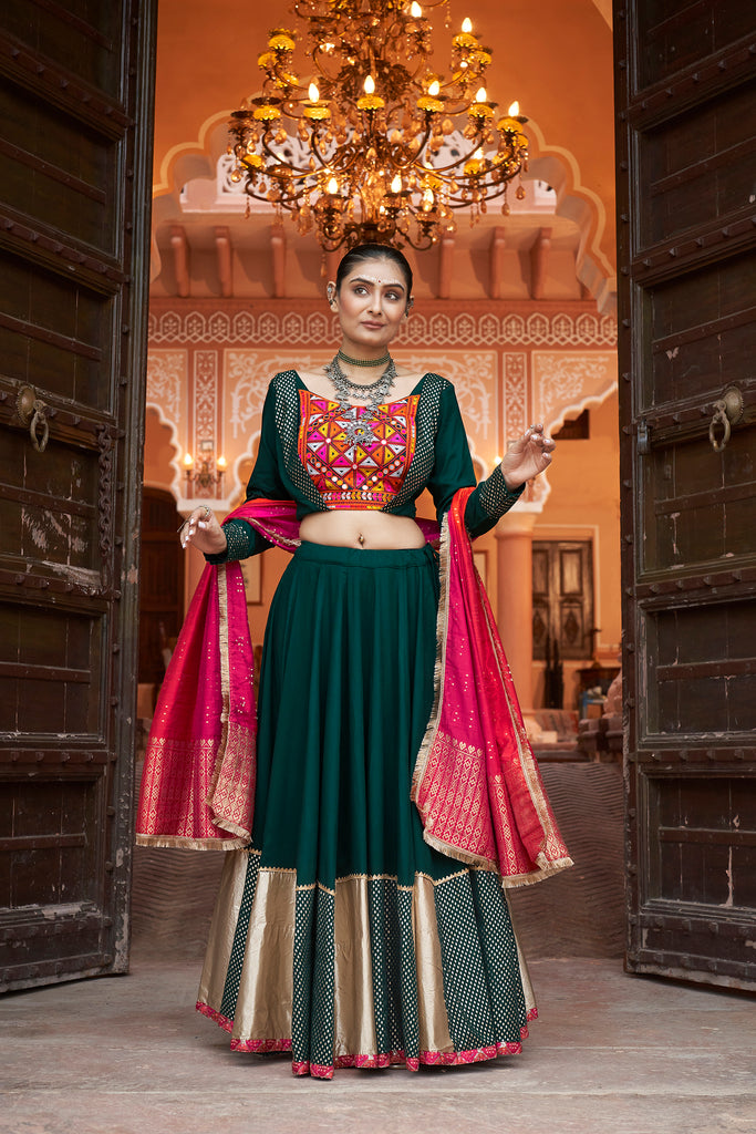 Women's Green Viscose Rayon Foil Lehenga Set