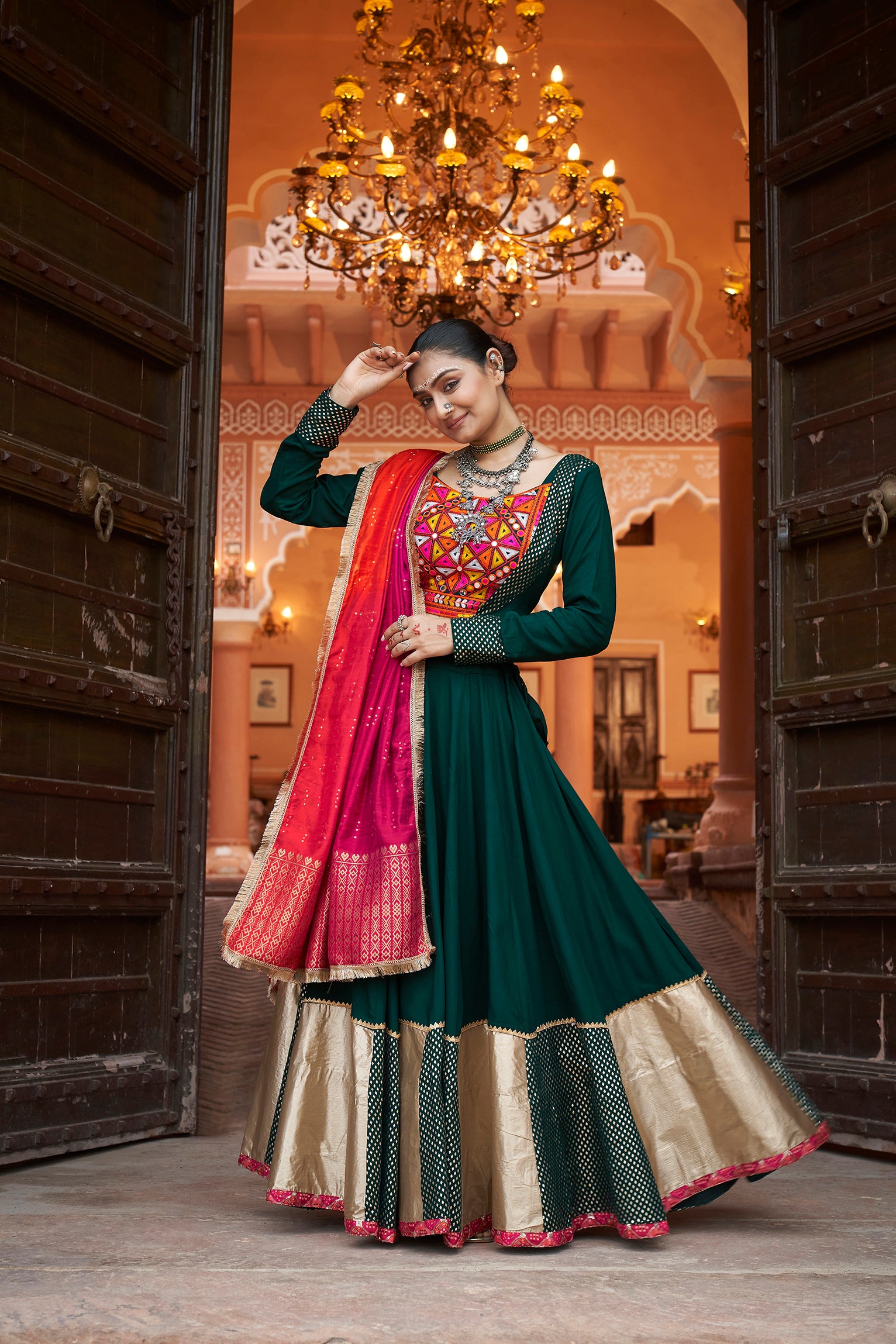 Women's Green Viscose Rayon Foil Lehenga Set - Shubhkala