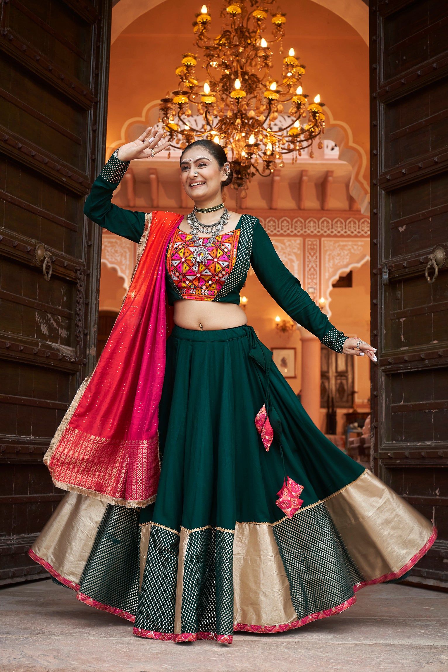 Women's Green Viscose Rayon Foil Lehenga Set - Shubhkala