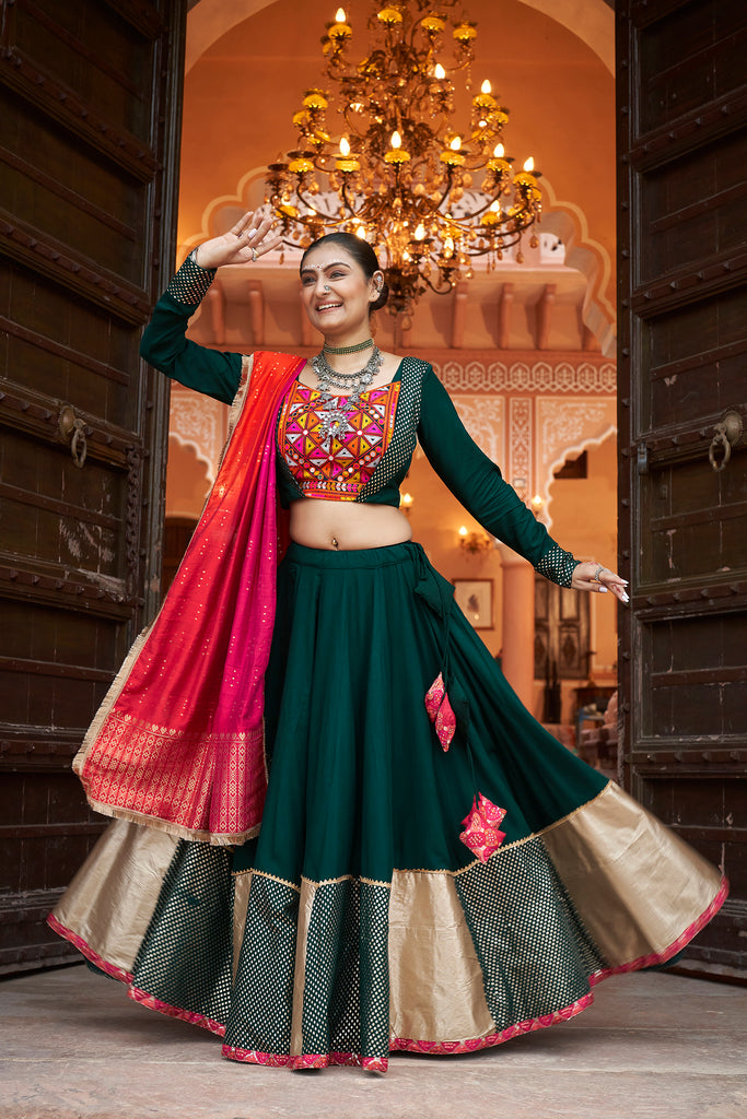 Women's Green Viscose Rayon Foil Lehenga Set