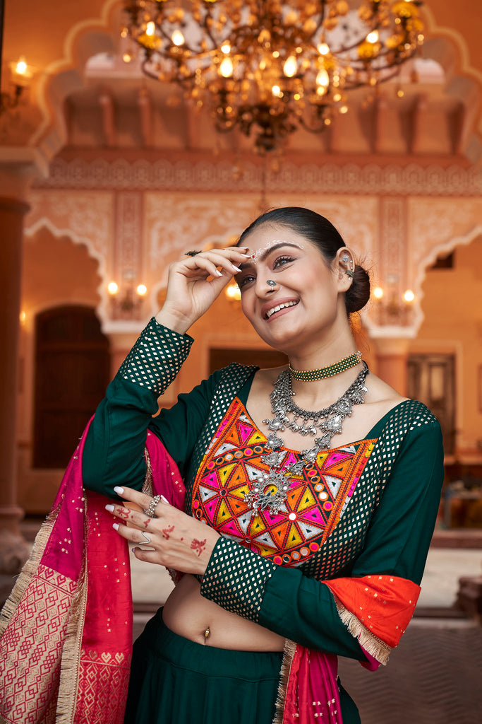 Women's Green Viscose Rayon Foil Lehenga Set