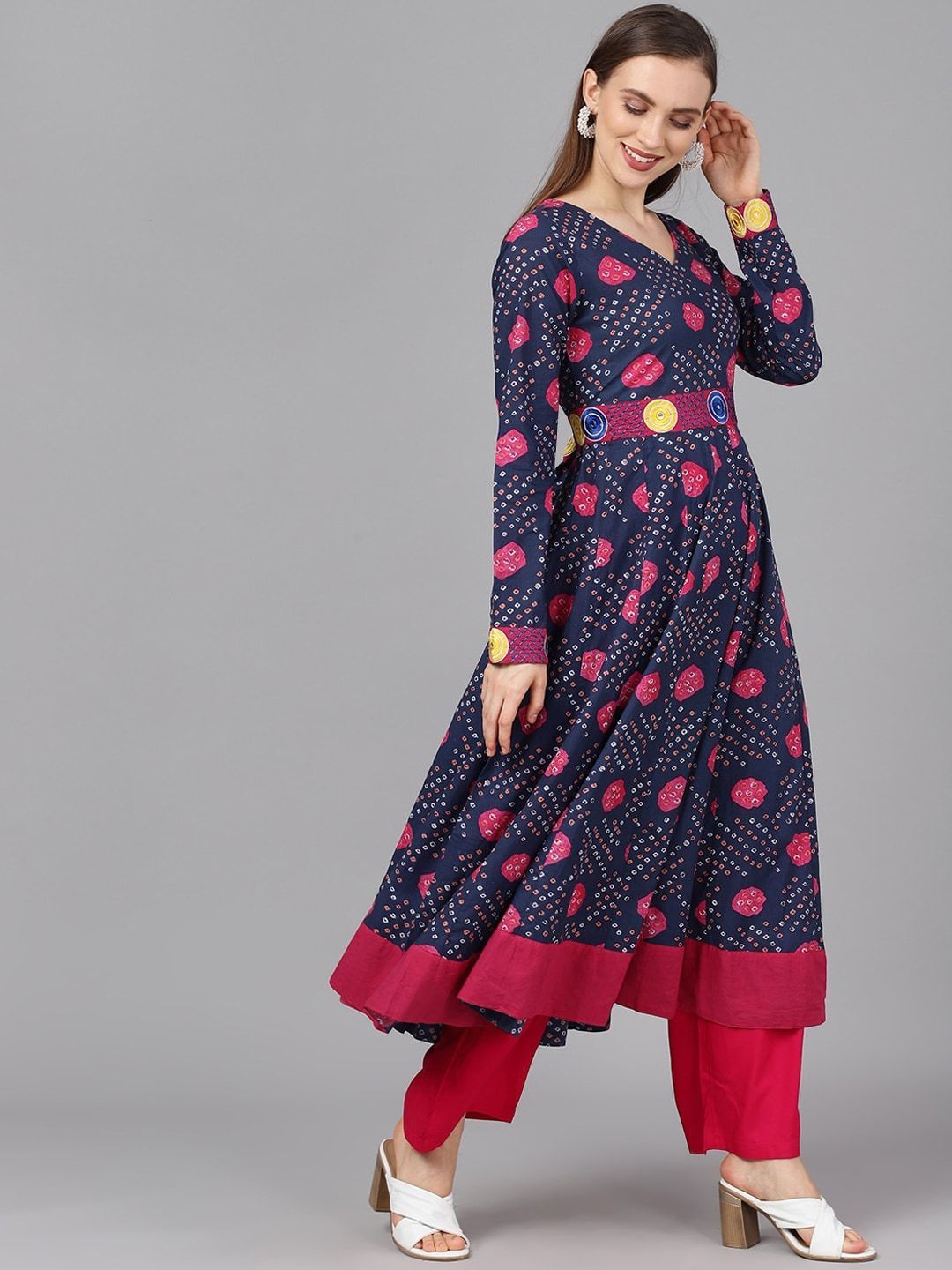 Women's  Navy Blue & Magenta Bandhani Printed Anarkali Kurta -