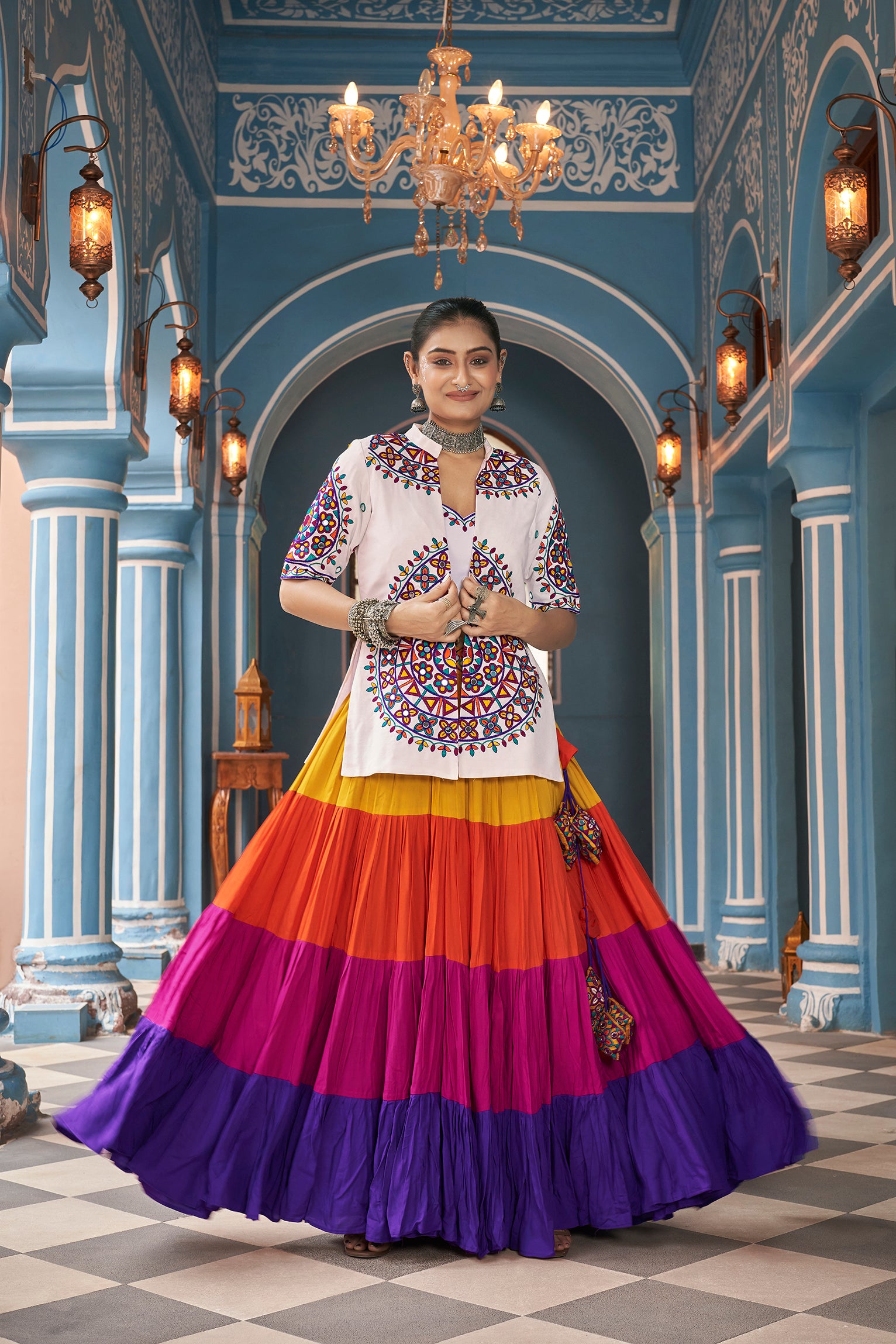 Women's Multi Color Viscose Rayon Embroidered Lehenga Set - Shubhkala