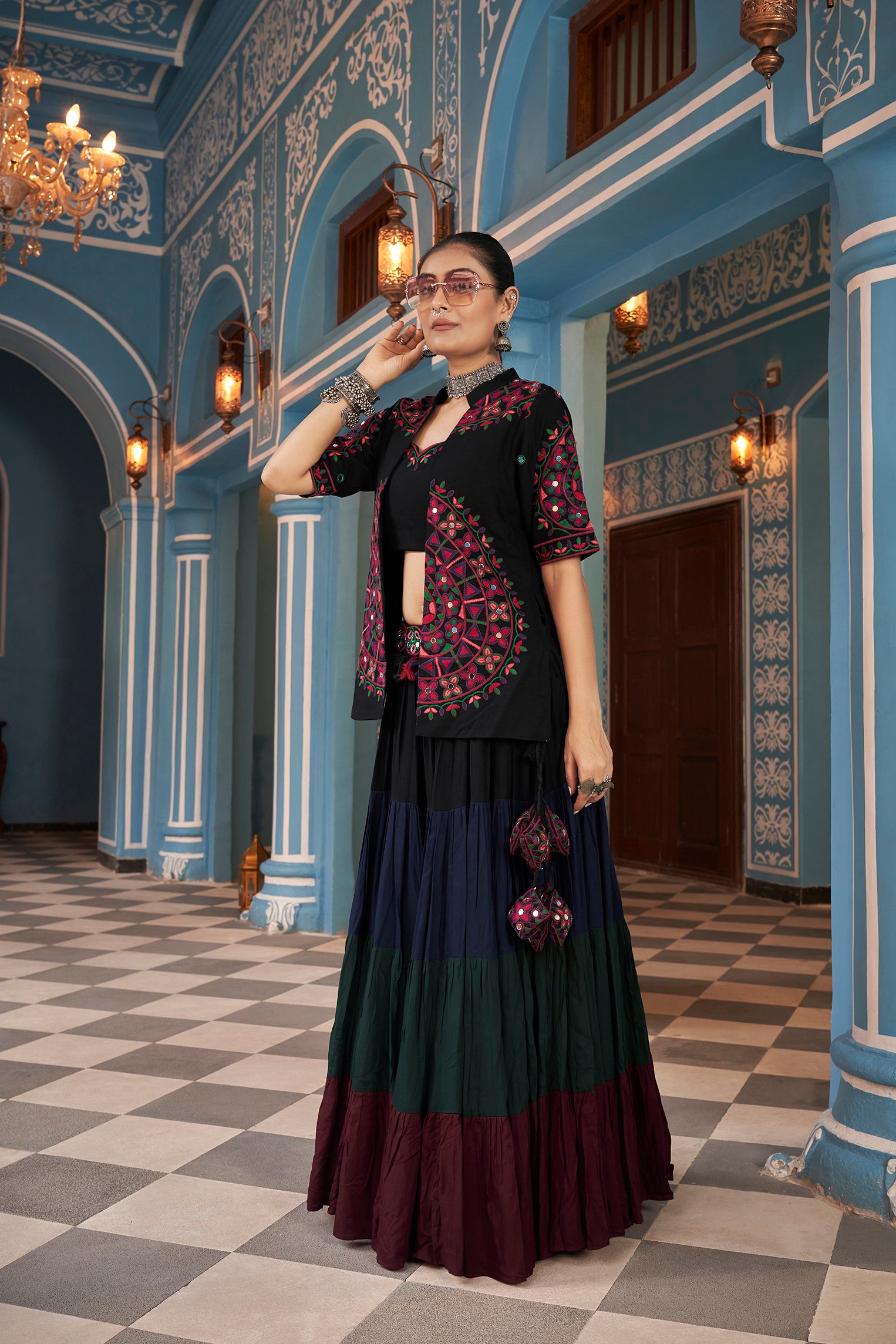 Women's Multi Color Viscose Rayon Embroidered Lehenga Set - Shubhkala